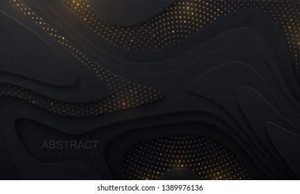 Black paper cut background. Abstract realistic papercut decoration with wavy layers and golden glitters. 3d topography relief. Vector topographic illustration. Cover layout template.