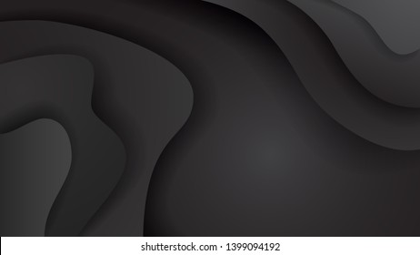 Black paper cut background. Abstract realistic papercut decoration textured with wavy layers. 3d topography relief. Carving art. Vector illustration. Cover layout template. Material design concept