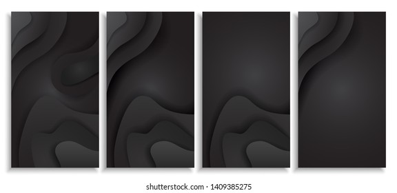 Black paper cut background. Abstract realistic papercut decoration textured with wavy layers. 3d topography relief. Carving art. Vector illustration. Cover layout template. Material design concept