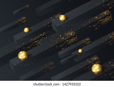 Black paper cut background. Abstract realistic layered papercut decoration textured with golden glitters. 3d backdrop. Vector illustration. Cover layout template. Material design concept