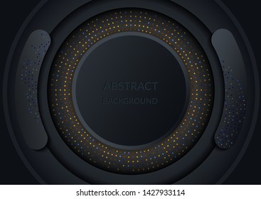Black paper cut background. Abstract realistic layered papercut decoration textured with golden glitters. 3d backdrop. Vector illustration. Cover layout template. Material design concept