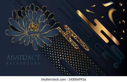 Black paper cut background. Abstract realistic layered papercut decoration textured with golden halftone pattern. 3d backdrop. Cover layout template. Material design concept