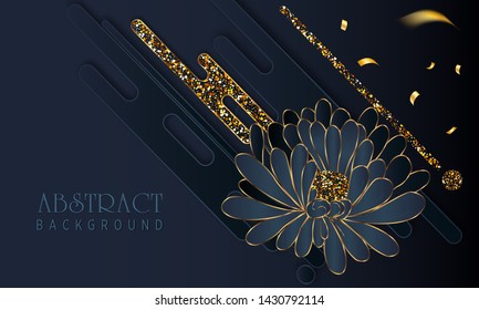 Black paper cut background. Abstract realistic layered papercut decoration textured with golden halftone pattern. 3d backdrop. Cover layout template. Material design concept