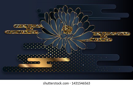 Black paper cut background. Abstract realistic layered papercut decoration textured with golden halftone pattern. 3d backdrop. Cover layout template. Material design concept