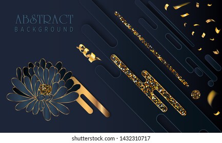 Black paper cut background. Abstract realistic layered papercut decoration textured with golden halftone pattern. 3d backdrop. Cover layout template. Material design concept