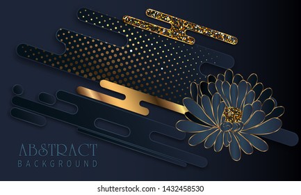 Black paper cut background. Abstract realistic layered papercut decoration textured with golden halftone pattern. 3d backdrop. Cover layout template. Material design concept
