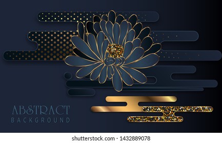 Black paper cut background. Abstract realistic layered papercut decoration textured with golden halftone pattern. 3d backdrop. Cover layout template. Material design concept