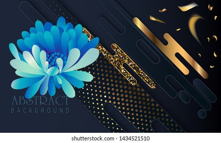 Black paper cut background. Abstract rlayered papercut decoration textured with golden halftone pattern and blue chrysanthemum . 3d backdrop. Cover layout template. Material design concept. 