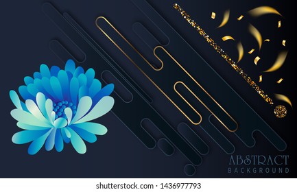 Black paper cut background. Abstract realistic layered papercut decoration textured with golden halftone pattern and blue chrysanthemum. 3d backdrop. Cover layout template. Material design concept. 