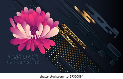 Black paper cut background. Abstract realistic layered papercut decoration textured with golden halftone pattern and red chrysanthemum. 3d backdrop. Cover layout template. Material design concept. 