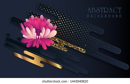 Black paper cut background. Abstract realistic layered papercut decoration textured with golden halftone pattern and red chrysanthemum. 3d backdrop. Cover layout template. Material design concept. 
