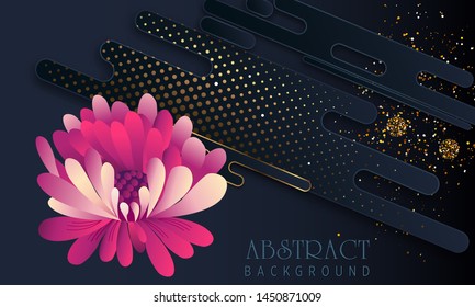 Black paper cut background. Abstract realistic layered papercut decoration textured with golden halftone pattern and red chrysanthemum. 3d backdrop. Cover layout template. Material design concept. Vec