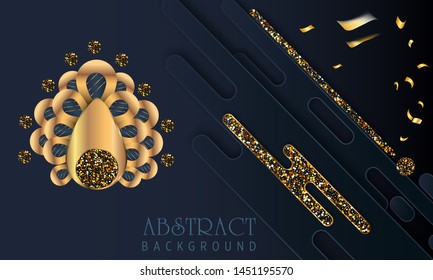 Black paper cut background. Abstract realistic layered papercut decoration textured with golden halftone pattern and golden flower. 3d backdrop. Cover layout template. Material design concept. Vec
