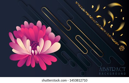 Black paper cut background. Abstract realistic layered papercut decoration textured with golden halftone pattern and red chrysanthemum. 3d backdrop. Cover layout template. Material design concept. Vec