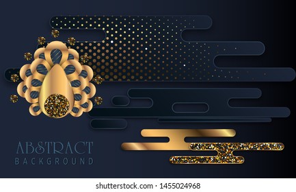 Black paper cut background. Abstract realistic layered papercut decoration textured with golden halftone pattern and golden flower. 3d backdrop. Cover layout template. Material design concept. Vec