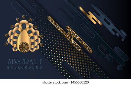 Black paper cut background. Abstract realistic layered papercut decoration textured with golden halftone pattern and golden flower. 3d backdrop. Cover layout template. Material design concept. Vec