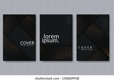 Black paper cut background. Abstract realistic layered papercut decoration textured with golden halftone pattern