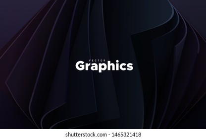 Black paper cut background. Abstract realistic papercut decoration with curly layers. Dark paper sheets with curled corners. Vector illustration. Cover layout template.