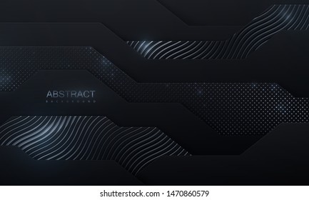 Black paper cut background. Abstract papercut decoration with wavy layers, silver glitters, wavy engraved pattern. 3d layered relief. Vector illustration. Cover template.