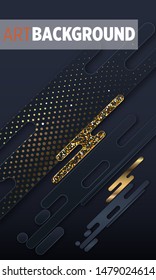 Black paper cut background. Abstract realistic layered papercut decoration textured with golden halftone pattern. 3d backdrop. Cover layout template. Material design concept