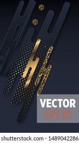 Black paper cut background. Abstract realistic layered papercut decoration textured with golden halftone pattern. 3d backdrop. Cover layout template. Material design concept. Vector layout decorative 