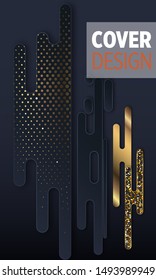 Black paper cut background. Abstract realistic layered papercut decoration textured with golden halftone pattern. 3d backdrop. Cover layout template. Material design concept