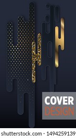 Black paper cut background. Abstract realistic layered papercut decoration textured with golden halftone pattern. 3d backdrop. Cover layout template. Material design concept