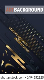 Black paper cut background. Abstract realistic layered papercut decoration textured with golden halftone pattern. 3d backdrop. Cover layout template. Material design concept