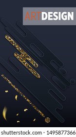 Black paper cut background. Abstract realistic layered papercut decoration textured with golden halftone pattern. 3d backdrop. Cover layout template. Material design concept
