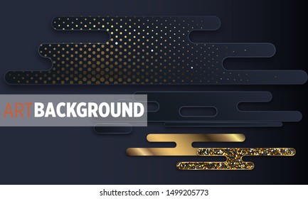 Black paper cut background. Abstract realistic layered papercut decoration textured with golden halftone pattern. 3d backdrop. Cover layout template. Material design concept. Vector layout decorative 