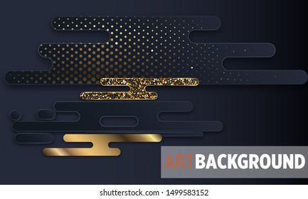 Black paper cut background. Abstract realistic layered papercut decoration textured with golden halftone pattern. 3d backdrop. Cover layout template. Material design concept. Vector layout decorative 