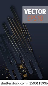 Black paper cut background. Abstract realistic layered papercut decoration textured with golden halftone pattern. 3d backdrop. Cover layout template. Material design concept. Vector layout decorative 