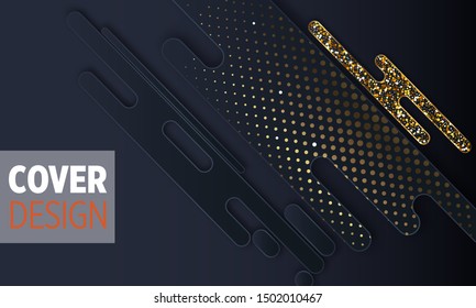 Black paper cut background. Abstract realistic layered papercut decoration textured with golden halftone pattern. 3d backdrop. Cover layout template. Material design concept. Vector layout decorative 