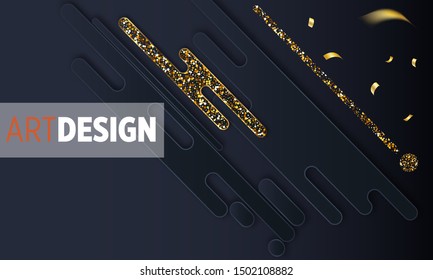 Black paper cut background. Abstract realistic layered papercut decoration textured with golden halftone pattern. 3d backdrop. Cover layout template. Material design concept. Vector layout decorative 