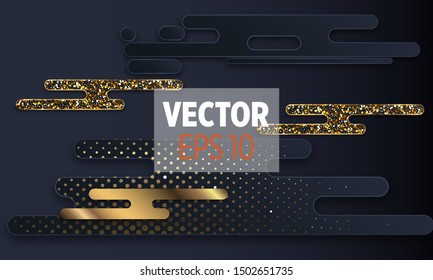 Black paper cut background. Abstract realistic layered papercut decoration textured with golden halftone pattern. 3d backdrop. Cover layout template. Material design concept. Vector layout decorative 