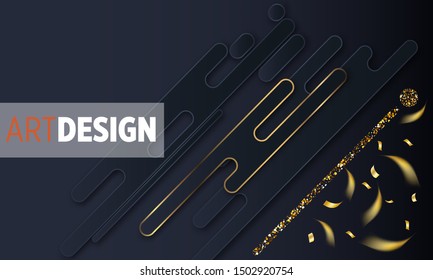 Black paper cut background. Abstract realistic layered papercut decoration textured with golden halftone pattern. 3d backdrop. Cover layout template. Material design concept