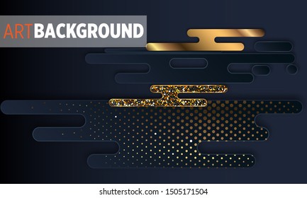 Black paper cut background. Abstract realistic layered papercut decoration textured with golden halftone pattern. 3d backdrop. Cover layout template. Material design concept. Vector layout decorative 