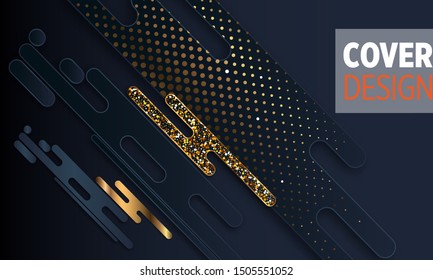 Black paper cut background. Abstract realistic layered papercut decoration textured with golden halftone pattern. 3d backdrop. Cover layout template. Material design concept. Vector layout decorative 