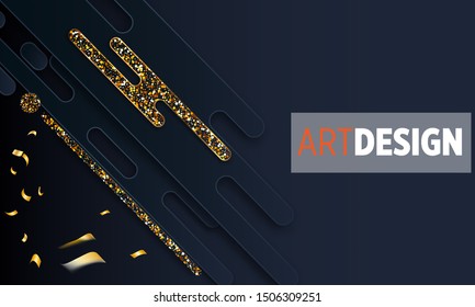 Black paper cut background. Abstract realistic layered papercut decoration textured with golden halftone pattern. 3d backdrop. Cover layout template. Material design concept. Vector layout decorative 