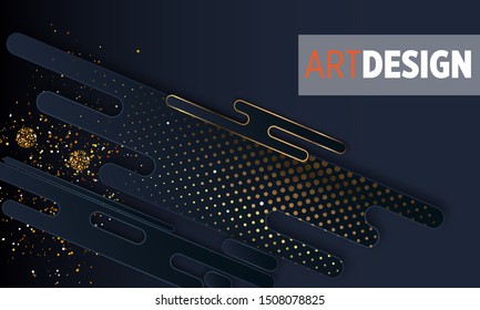 Black paper cut background. Abstract realistic layered papercut decoration textured with golden halftone pattern. 3d backdrop. Cover layout template. Material design concept. Vector layout decorative 