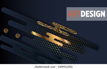 Black paper cut background. Abstract realistic layered papercut decoration textured with golden halftone pattern. 3d backdrop. Cover layout template. Material design concept. Vector layout decorative 