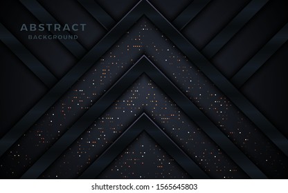 Black paper cut background. Abstract realistic layered papercut decoration textured with silver halftone pattern. 3d backdrop. Vector illustration. Cover layout template. Material design concept