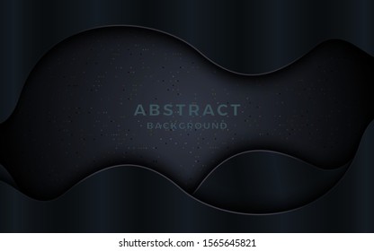 Black paper cut background. Abstract realistic layered papercut decoration textured with silver halftone pattern. 3d backdrop. Vector illustration. Cover layout template. Material design concept