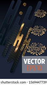 Black paper cut background. Abstract realistic layered papercut decoration textured with golden halftone pattern and chrysanthemum. 3d backdrop. Cover layout template. Material design concept. Vector 