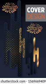 Black paper cut background. Abstract realistic layered papercut decoration textured with golden halftone pattern and chrysanthemum. 3d backdrop. Cover layout template. Material design concept. Vector 