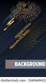 Black paper cut background. Abstract realistic layered papercut decoration textured with golden halftone pattern and chrysanthemum. 3d backdrop. Cover layout template. Material design concept. Vector 