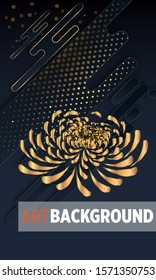 Black paper cut background. Abstract realistic layered papercut decoration textured with golden halftone pattern and chrysanthemum. 3d backdrop. Cover layout template. Material design concept. Vector 