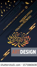Black paper cut background. Abstract realistic layered papercut decoration textured with golden halftone pattern and chrysanthemum. 3d backdrop. Cover layout template. Material design concept. Vector 