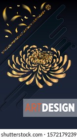 Black paper cut background. Abstract realistic layered papercut decoration textured with golden halftone pattern and chrysanthemum. 3d backdrop. Cover layout template. Material design concept. Vector 