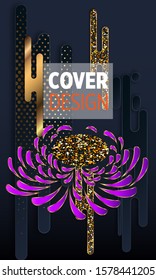 Black paper cut background. Abstract realistic layered papercut decoration textured with golden halftone pattern and chrysanthemum. 3d backdrop. Cover layout template. Material design concept. Vector 